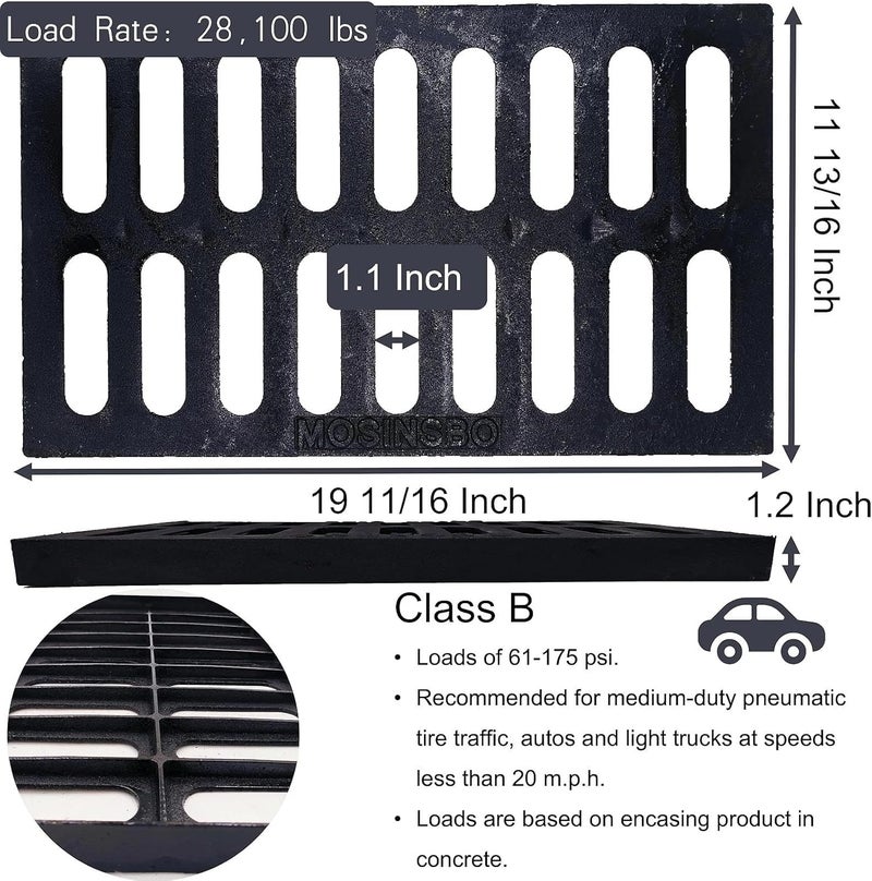 masslunt Cast Iron Drain Grate 20x12 in, B-Class 28100 lbs Heavy-Duty Driveway Channel Cover, Outdoor Trench Drainage Grate, Black Rectangle Metal Sewer Cover for Garage (True 19.7x11.8) - Image 2